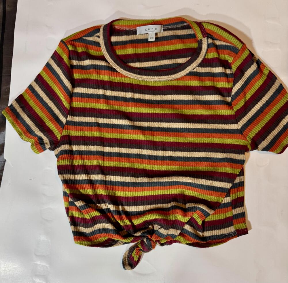 Gaze Shirt Womens Large Multicolor Stripe Ribbed Knit Tie Front Casual